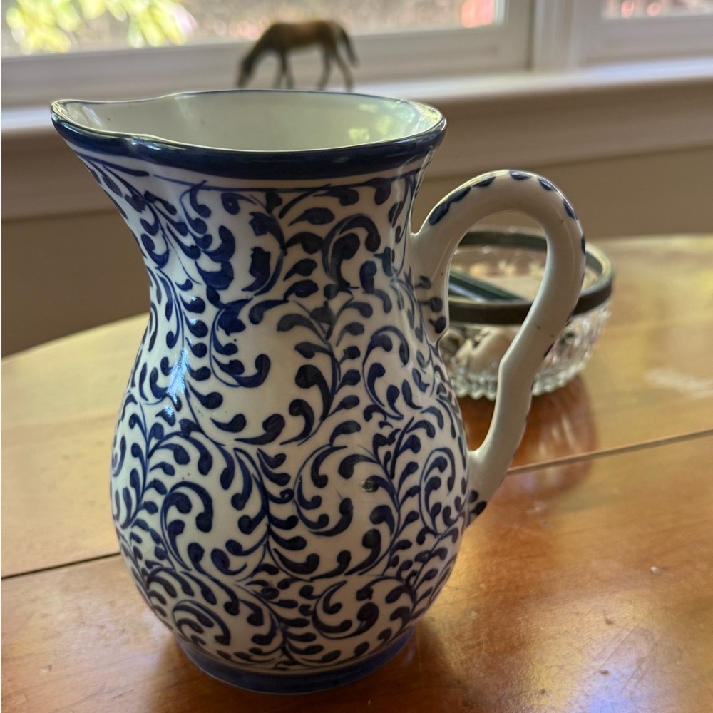 Vintage blue and white stoneware pitcher vase